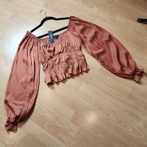 NWT Lulus Rust Brown Satin Ruched Long Balloon Sleeve Top Stretch Size Small